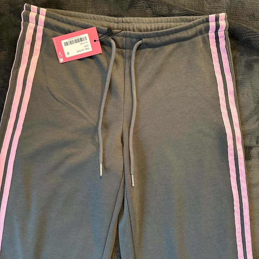 Gray Cotton Track Pants with Pink Side Stripes